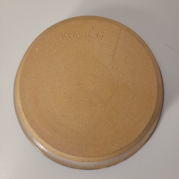 Krause Vintage Pottery Bowl Clay Geometric 1987 Handmade Blue Interior - Picture 5 of 8